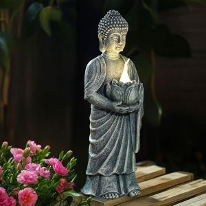 MEVRONISSHOP-Figurine de Bouddha solaire avec socle de loto, lumi&egrave;re LED, d&eacute;corative, 28 cm, figurine zen r&eacute;sistante aux intemp&eacute;ries, pour jardin, terrasse et salon &iquest; Cadeau pour femmes, maman et hom - Neuf