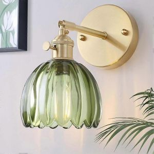 Applique Murale Vintage E27 Doree, Lampe Retro Reglable En Metal, Abat-Jour En Verre Vert - Neuf