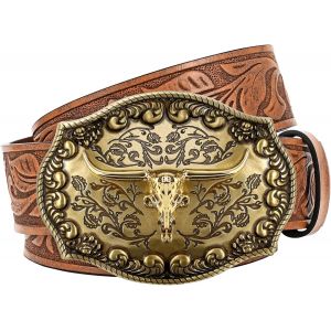 Cauc-Ceinture De Cowboy Western En Cuir Pour Homme Et Femme - Boucle Longue - Ceinture De Cowgirl - Motif Floral Grav&eacute; - Vintage - Unisexe - Pour Jeans - Neuf