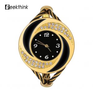 Montre Analogique A Quartz Geekthink Avec Strass Et Bracelet Ouvert En Alliage, Boitier Tourbillon, Noir Et Or - Neuf