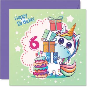 Checarzhn--No1-Carte D'anniversaire 6 Ans Pour Fille ¿ Gâteau Licorne Magique ¿ Carte D'anniversaire Licorne Pour Fille De 6 Ans Cartes D'anniversaire Pour Filles De 6 Ans 145mm Jolie Carte De V?Ux P - Neuf