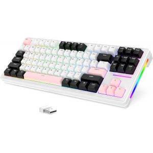 CHECARZHN--NO1-X Attack Shark M87 75% Clavier Jeu Sans Fil, Triple Mode Bt5.0/2,4G/Filaire, 27 Rvb Backlit, Clavier Mécanique Hot-Swap Switch Linear, Qwerty, 4600 Mah, 87 Touches Pbt Keycap - Blanc/Rose - Neuf