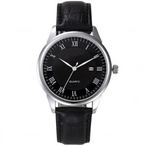 M&acirc;le Analogique Rond Quartz Bracelet En Cuir Date Montre D'affaires Montre-Bracelet (Cadran Noir Bo&icirc;tier Argent&eacute;) - Neuf