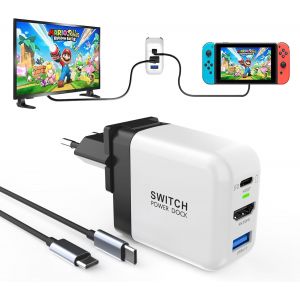 Eryi-Switch Dock, Gan Pd36w Switch Adaptateur Station D'accueil Avec 3 Ports (Usb C+Usb A+4k/Hd) Pour Nintendo Switch, Switch Set D'accessoires Avec Câble De Type C&adaptateur De Voyage(Noir Blanc) - Neuf