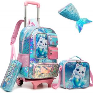 CHECARZHN--NO1-Sac À Dos À Roulettes En Forme De Chat Mignon Pour Filles - Sac À Dos Avec Roulettes Pour Étudiants Du Primaire - Sac D'École Avec Boîte À Déjeuner Et Trousse À Crayons Pour Filles De - Neuf