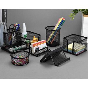 6 PCS Rangement Bureau Organisateur Multifonctionnel Métal Grillagé Organiseur de Bureau Pot à crayons Porte-stylo Rond en métal Papeterie Organizer pour Bureau,école et Maison (Noir) - Neuf