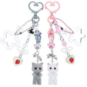 KAL-Porte-Cl&eacute;s Chat Mignon Moelleux Pour Les Amoureux Des Chats Porte-Cl&eacute;s Esth&eacute;tique Noeud En Forme De Coeur Kawaii Chat Porte-Monnaie Y2K Porte-Cl&eacute;s Y2K, Rose, Gris., 12,5 &times; 5 &times; 1,9 Cm - Neuf