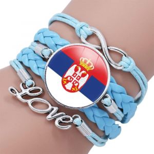 Kal-Bracelet Tissé,Personnalité Nationale Créative Serbie Drapeau Art,Texte D`Amour Time Gemstone Bracelet Glass Snap Bead Wristband Unisex Tressé Bracelet En Cuir Tressé - Neuf