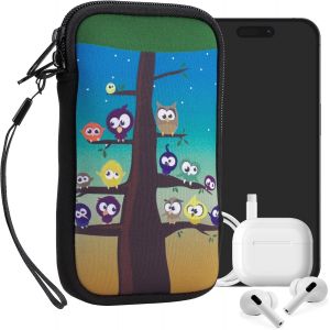 KAL-Housse De Protection Pour Smartphone L - 6,5"" - Sacoche De Protection Pour T&eacute;l&eacute;phone Portable En N&eacute;opr&egrave;ne Chouettes Arbre Multicolore-Bleu-Marron - Neuf