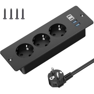 Prise Encastrable de Table avec 2 USB-A et 2 Type-C,Multiprise Intégrée 3 Prises avec Câble 2m,Prise de Table,Multiprise pour Meuble ou Plan de Travail,Noir - Neuf