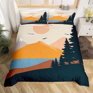 Housse De Couette Homewish Farmhouse Pour Lit Double, Parure De Lit Style Japonais Motif Montagne Rouge Et Soleil Pour Enfants, Housse De Couette Style Chalet, Parure - Neuf