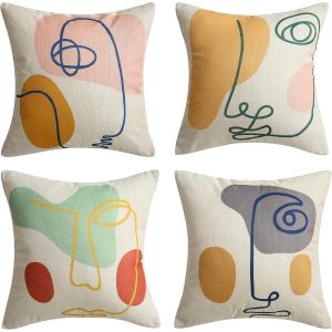 Cauc-Housse De Coussin Moderne, Taies D'oreiller 40x40 Cm Lin Abstrait Minimaliste Femme Ligne Boho Cadeaux Pour Maison Chambre Lit Canap&eacute; Salon Cadeau Mobilier De Jardin Ext&eacute;rieur Lot De 4 - Neuf
