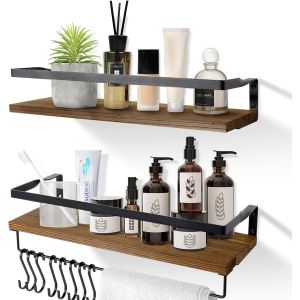 Eryi-Etagere Murale Lot De 2, Etagères Murales Flottantes En Bois, Porte-Serviettes Et Crochets Amovible, Charge Maximale 15kg Pour Salon, Chambre, Bureau, Salle De Bain, Cuisine (Marron Foncé) - Neuf