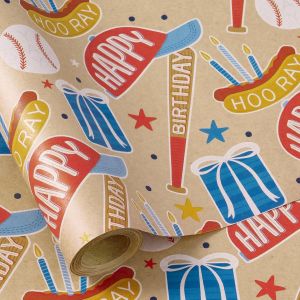 Rouleau De Papier Cadeau D'anniversaire De Baseball Pour Garçons - 43,2 Cm X 5 M - Kraft Durable Papier - Idéal Pour Les Cadeaux D'anniversaire Et Les Célébrations Sur Le Thème Du Sport Pour - Neuf