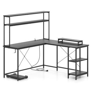 Bureau d'ordinateur en forme de L 145 x 145 x 147 cm avec bande LED et prises USB espace de travail moderne en MDF noir Helloshop26 20_0010877 - Neuf