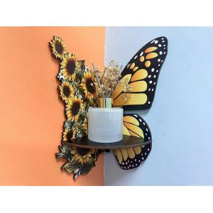 &Eacute;tag&egrave;re D'angle Flottante En Bois - Motif Papillon - Neuf
