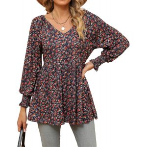 Utigh-Chemisier Élégant À Col En V Pour Femme Chic Chemisiers Ample À Manches Longues Lâches Hauts Vetement À Floraux Motifs Tuniques Boheme T-Shirt Blouses(S-Xxl) - Neuf