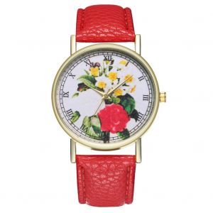 Montre-Bracelet Zhoulianfa En Cuir Pu Avec Motif Floral Pour Homme Et Femme, Cadran Rond, A Quartz (Rouge) - Neuf