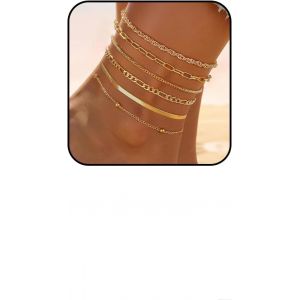 Cmjaagur-Ensemble De 5 Bracelets De Cheville En Or Pour Femmes, Imperméables, Plaqués Or 14k Avec Chaîne Cubaine, Superposition, Cadeau (Style 2)[M461] - Neuf
