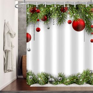 180 Cm X 200 Cm, Vert Rouge, Rideau De Douche De Noël, Ornements De Boules D'arbre, Ensemble De Décoration De Salle De Bain En Tissu Avec Crochets, - Neuf