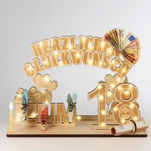 Trahoo-Cadeau D'anniversaire Pour Femme/Homme - En Bois - Avec Guirlande Lumineuse Led - D&eacute;coration Diy Pour 18e F&ecirc;te D'anniversaire - Puzzle 3d Personnalisable - Cadeau En Argent Avec Design Exauceu - Neuf