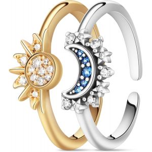 Bague Soleil Et Lune, 2pcs Bagues Motif Lune Soleil Scintillant, Bague Or/Argent, Bague En Forme De Lune Et De Soleil, Bague D'amiti&eacute;, Pour Femme, Couples - Neuf