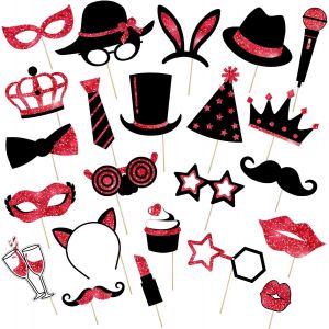 Trahoo-24 Pi&egrave;ces Accessoires De Photobooth De F&ecirc;te M&eacute;lange De Chapeaux, Verre &Agrave; Vin, Rouge &Agrave; L&egrave;vres, Cravate, Couronnes Et Plus Pour F&ecirc;tes De Vari&eacute;t&eacute; D'anniversaire Mariages (Rouge Et Noir) - Neuf