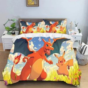 Accueil Pikachu Flame Dragon Parure De Lit Dessin Anime Enfants Taie D'oreiller Housse De Couette 2/3 Pieces Lit Double Lit King Size, Cadeau D'anniversaire. - Neuf