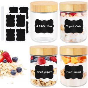 Jexnovashop-Lot De 4 Overnight Oats Jars 450ml, Pot Yaourt Avoine En Verre Avec Couvercle, Mason Jar Bocaux En Verre Herm&eacute;tique, Meal Prep Bocal En Verre Pour Confitures, Yaourt, Puddings, Salades - Neuf