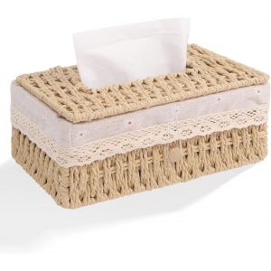 Boite a Mouchoir en Corde de Papier, Boite Mouchoirs Decorative avec Doublure, Tissue Box Organisateur Boho, Tissu Rectangulaire Distributeur pour Maison Salle de Bain Bureau Hôtel, 24x14x10cm - Neuf