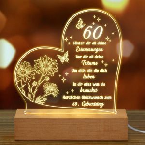 Anniversaire Femme Homme Cadeaux D'anniversaire Pour 60 Ans Veilleuse En Acrylique Avec Gravure 60e Anniversaire Pour Épouse, Maman, Amis, Mari, Mère Idées Cadeaux (60. Geburtstag) - Neuf