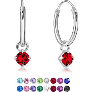 Kal-&reg; Boucles D'oreilles Petites Cr&eacute;oles En Argent Fin 925 Avec Petit Pendentif 3 Mm Cristaux De Swarovski&reg; Elements Ronds - &Eacute;paisseur 1.5 Mm - Diam&egrave;tre: 14 Mm - Choix De Diff&eacute;rentes Couleurs - Neuf