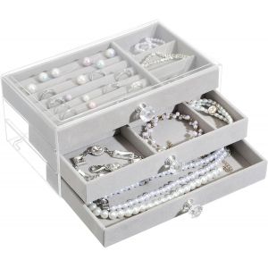 Grande Boîte À Bijoux À 3 Niveaux - Organisateur De Bijoux Visuel Transparent - Rangement Pour Bagues, Colliers, Boucles D'oreilles, Bracelets - 23,5 X 13,5 X 11 Cm - Gris - Neuf