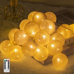Kal-Guirlande Lumineuse Coton Boules, 20 Led Usb Dimmable Guirlande Lumineuse Boule Avec Télécommande Et Minuterie, Led Guirlande Boule Lumineuse Intérieur Pour Chambre Enfant Noël Fête (Blanc) - Neuf