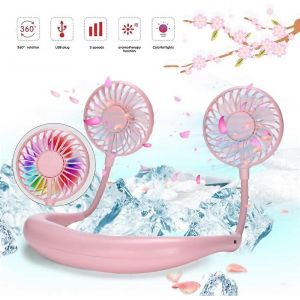 Ventilateur de cou sans main LED lumi&egrave;res USB rechargeables pour le bureau de voyage en plein air (rose) - Neuf