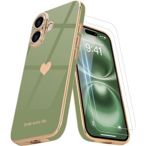 Pps-Coque Compatible Avec Iphone 16 + 2 Films De Protection D'écran, Coque Pour Fille, Coque De Protection D'appareil Photo Galvanisée Pour Iphone 16, Vert Clair - Neuf