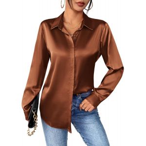 Utigh-Chemisier Femme Satin À Col En V La Soie Élégante Blouse Chic Manches Longues Chemise Boutons Ample À Manches Longues Chemisier De Soirée Business Top - Neuf