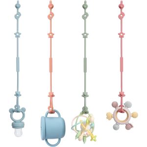 Attache-T&eacute;tine En Silicone-Jouets Pour B&eacute;b&eacute;-Lot De 4 Attaches-Accessoires Pour Poussettes,Chaises Hautes,Berceaux,Lits B&eacute;b&eacute;,Si&egrave;ges Auto,Couffins (Bleu/Vert/Violet/Sourd) - Neuf