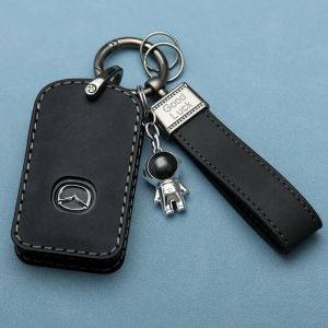 Étui pour clé de voiture haut de gamme pour Mazda 3 Axela Cx5 Cx30,adapté aux modèles de nouvelle génération,exclusif pour - Type Étui en cuir Mazda E -noir carbone + lanière + astronaute en métal - Neuf