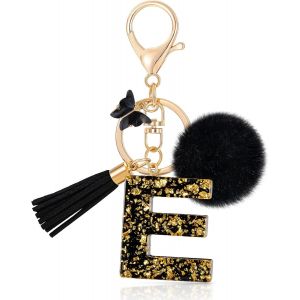 Kal-Initiale Letter Keychains Porte Clé Lettre E,Alphabet Initial Keyring Avec Papillon Pompon Pendentif,Porte-Clés Noir Feuille D'or Key Ring Pour Femmes Portefeuilles Bagages Charme (E) - Neuf