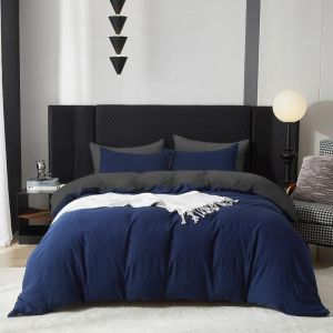 Sjzg-Parure De Lit 3 Pièces En Coton 155 X 220 Cm - Bleu Foncé - Lit Double - Uni - Douce - Certifiée Ökotex - Pour Personnes Allergiques - Housse De Couette En Coton Doux Et 2 Taies D'oreiller De 80 - Neuf