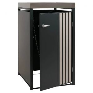 Cache-Poubelle Pour 1 Bac Avec Jardini&egrave;re Abri Pour Poubelle En M&eacute;tal 125x68x84 Cm Anthracite Aspect Bois Clair 04_0009339 - Neuf