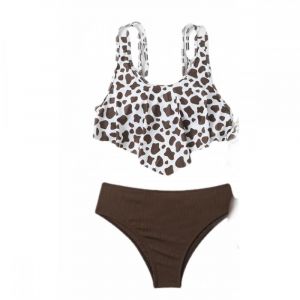 Blanc + Léopard Imprimé Volants Bikini Split, Conservateur Col Rond Gilet Taille Haute Maillot De Bain Pour Femme (L) - Neuf