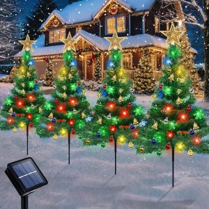 Sapin de Noël avec Guirlande Lumineuse Solaire, 4 Arbres de Noël avec Lumières, Lampes Solaires de Jardin avec 80LED Flocon de Neige, Lumières de Noël, Décoration de Noël pour Extérieure Chemin Cour - Neuf