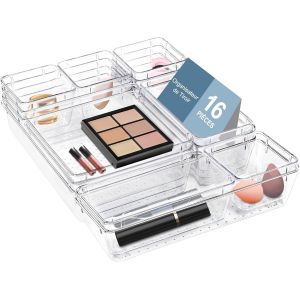 Sjzg-Organisateurs De Tiroir Lot De 16, 5 Tailles, Organisateur Tiroir Pour La Cuisine, La Coiffeuse Et Le Bureau, Rangement Tiroir En Plastique Transparent - Neuf