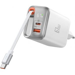 Chargeur Usb C Gan 67W Avec &Eacute;cran Num&eacute;rique & C&acirc;ble R&eacute;tractable, Chargeur Rapide 3 Ports Compatible Iphone 15/14, Samsung, Macbook, Google Pixel, Xiaomi - Neuf
