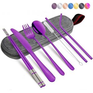 Ensemble De Couverts De Camping.304 Ustensiles Portables En Acier Inoxydable Avec Étui Et Paille,Paille Droite,Couteau,Fourchette,Cuillère,Baguettes,Brosse De Nettoyage -Pu - Neuf