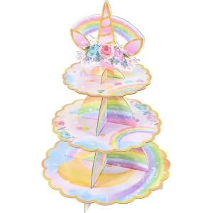 Présentoir À Cupcake Licorne-Décorations De Fête D'anniversaire Licorne Pour Filles Enfants Présentoir À Cupcakes En Carton À 3 Niveaux Support De Tour De Dessert Support De Plateau De Service Rond - Neuf