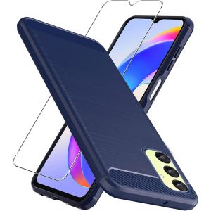 Verre Tremp&eacute; Pour Samsung Galaxy A25 5g Coque Bleu Fibre De Carbone + Verre Tremp&eacute; Film Protecteur - Souple &Eacute;tui Carbon Fiber Housse Case Cover Pour Samsung Galaxy A25 5g (6.5") - Neuf