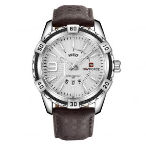 Montre A Quartz Etanche Naviforce Pour Homme Avec Bracelet En Cuir Veritable (Boitier Blanc) - Neuf